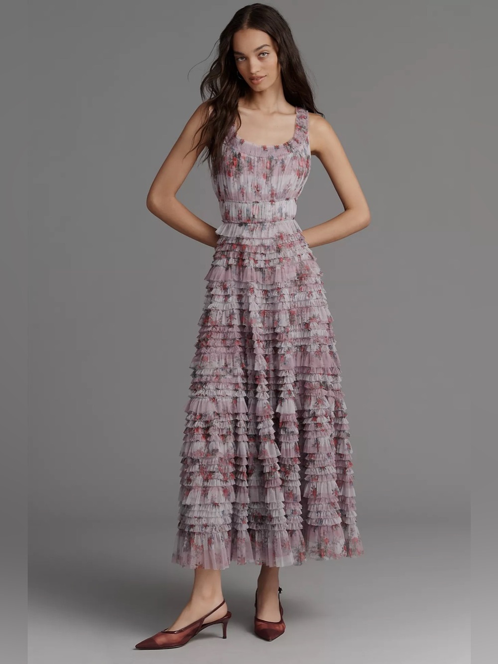 Mac Duggal Sleeveless Tiered Ruffle Floral Midi Dress